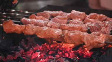 Şişte kebap pişiriyorum. Kömürlü et. Erkek aşçı, sulu biftek, tavuk, domuz. Sokak yemeği kavramı. Izgarada et. Izgarada et..