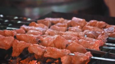 Şişte kebap pişiriyorum. Kömürlü et. Erkek aşçı, sulu biftek, tavuk, domuz. Sokak yemeği kavramı. Izgarada et. Izgarada et..