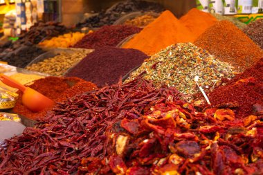 Türkiye 'nin İstanbul kentindeki Mısır Çarşısı' nda çeşitli rengarenk baharatların yakın çekimi. Seçici odak, kopyalama alanı, kurutulmuş baharatların renkli arkaplanı.