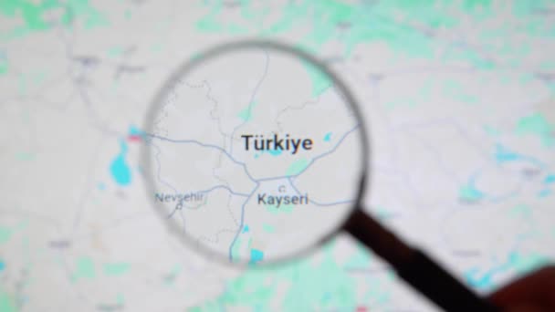 Batumi Georgia 2024年1月11日 Turkiye通过谷歌地球屏幕上的放大镜 计算机屏幕上的数字地图上的放大镜 — 图库视频影像