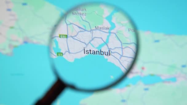Batumi Georgia 2024年1月11日 土耳其伊斯坦布尔 通过谷歌地球屏幕上的放大镜 电脑屏幕上的数字地图上的放大玻璃 — 图库视频影像