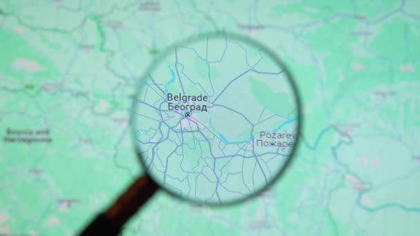 Batumi Georgien Januari 2024 Serbien Belgrad Genom Förstoringsglas Google Earth — Stockvideo