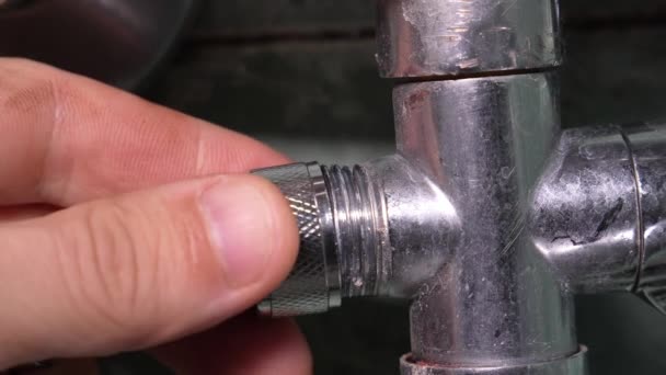 Plumber Unscrewing Nut Broken Water Faucet His Hands Connection Water — Stock Video