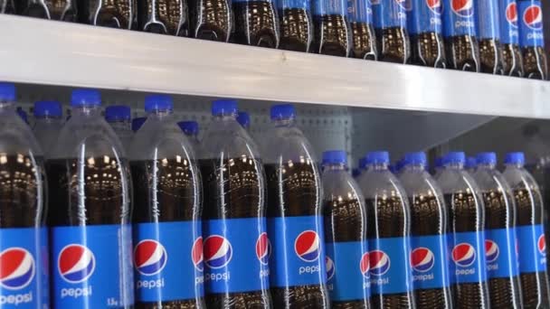 美国佐治亚州巴图米 2024年2月2日 百事可乐装瓶 百事可乐是百事可乐生产的碳酸饮料 在超级市场货架上出售的一系列Pepsi可乐软饮料 — 图库视频影像