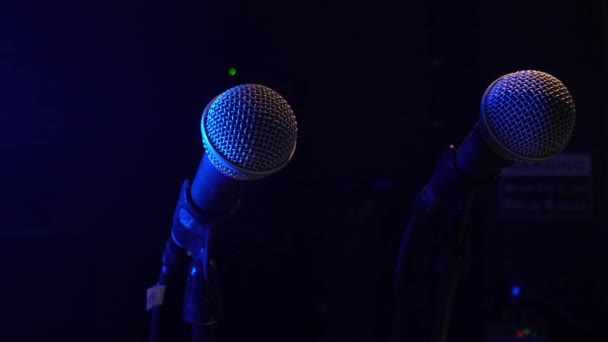 Два Студійних Конденсатора Мікрофона Ізольовані Чорному Студійний Мікрофон Порожній Студії — стокове відео