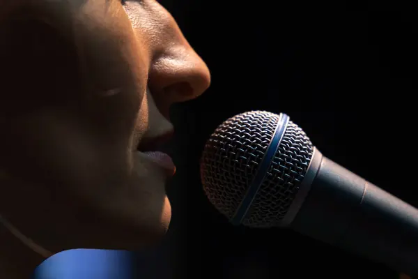 Close Dari Mikrofon Dan Bagian Dari Wajah Seorang Penyanyi Perempuan Stok Gambar Bebas Royalti