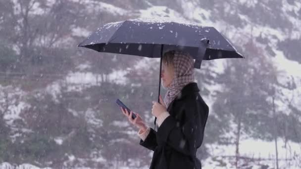 写真を撮ったり 山でセルフィーを撮ったりする若い女性 雪の傘の下で雪の森で携帯電話でビデオ通話をするウィンターウォークガールを楽しんでいます 返された動き — ストック動画