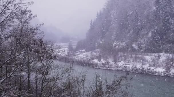 Zimowy Krajobraz Rzeką Ośnieżonych Górach Jodły Las Śnieżycy Zimowy Las — Wideo stockowe