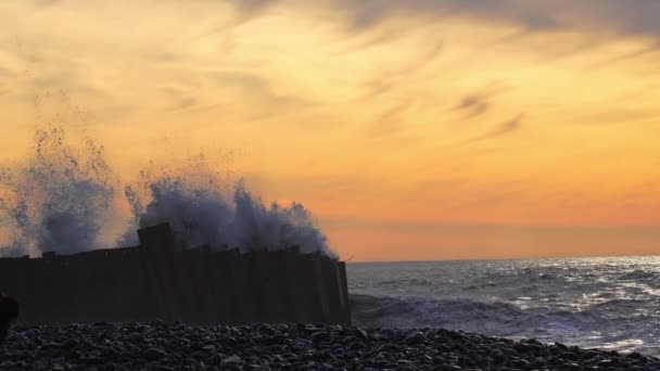 ウェーブは大きな金属フェンスを打ち 日没時に高く上昇した 津波が海岸を襲った 強い嵐 風および高い大きい波 — ストック動画