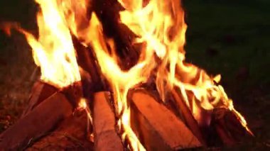 Şenlik ateşinden alevler yükselir, karanlıkta ahşap kütükler tüketir. Turuncu, kırmızı ve sarı ışıltı geceyi aydınlatır ve enerjiyle dolu rahat bir atmosfer yaratır.