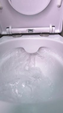 Pürüzsüz, beyaz seramik klozetin içinden akan güçlü su akıntısı. Etrafı koyu gri fayanslı banyo döşemeleri ile çevrili. Modern ev temizliğini gösteriyor. Yavaş çekim Dikey video