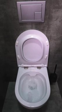 Modern tuvalette erkek eli sifonu çekme düğmesi. Adam duvarda asılı tuvalette gri sifon düğmesine basıyor.