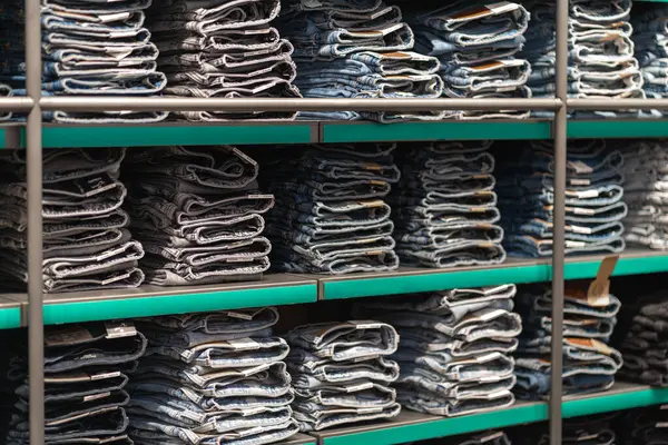Birçok katlanmış kot pantolon rafları yeşil kenarlı dolduruyor, bir giyim mağazasında çeşitli yıkama ve stiller sunuyor, alışverişçiler için görsel olarak çekici bir görüntü yaratıyor