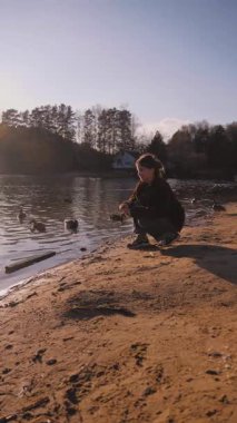 Genç bir kadın göl kıyısında çömelmiş, ekmeğini nazikçe yiyor ve güneşli bahar günü dikey videosu boyunca huzurlu ve sakin bir tavırla yüzen ördekleri besliyor.