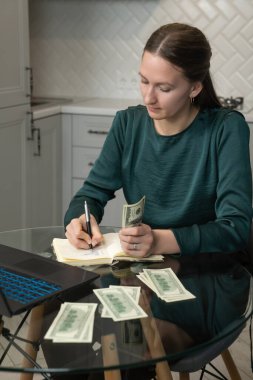 Not defterine notlar yazan, ev bütçesini yöneten, para hesaplayan ve mutfak masasında dizüstü bilgisayar ve dolarlarla otururken finansal plan yapan bir kadın. Dikey fotoğraf