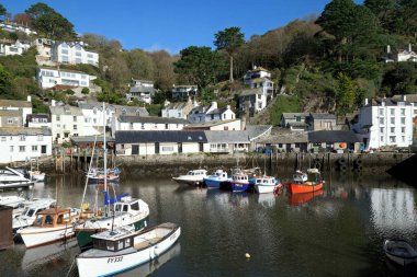 Polperro, Cornwall, İngiltere - 25 Ekim 2021: Limanda demirlemiş tekne ve yatların manzarası
