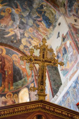 Yunanistan 'ın Bizans kenti Mystras' tan görüntü. Mystras şehri bir arkeoloji müzesidir ve 1951 yılında Yunanistan 'ın Lakonya kentinde açıldı.