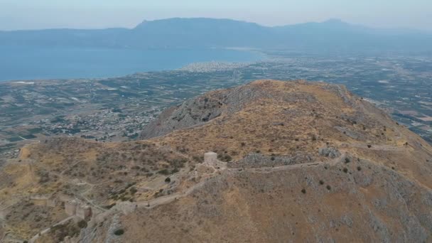 Luchtfoto Van Acrocorinth Upper Corinth Acropolis Van Het Oude Korinthe — Stockvideo
