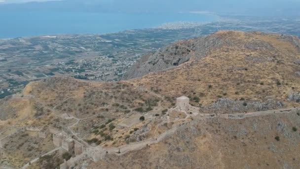 Letecký Pohled Acrocorinth Horní Korint Akropoli Starověkého Korintu Řecko Monolitická — Stock video
