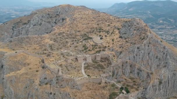 Luchtfoto Van Acrocorinth Upper Corinth Acropolis Van Het Oude Korinthe — Stockvideo