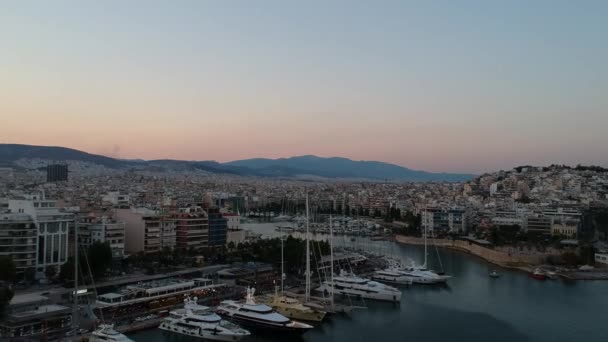 Αεροφωτογραφία Θέα Μαρίνα Ζέας Πειραιάς Ελλάδα Στο Ηλιοβασίλεμα — Αρχείο Βίντεο