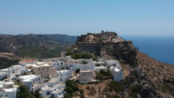 Breathtaking Aerial Panoramic View Chora Kythera Castle Sunset Majestic Scenery — Stockvideo