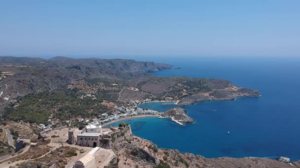 Breathtaking Aerial Panoramic View Chora Kythera Castle Sunset Majestic Scenery — Stock Video