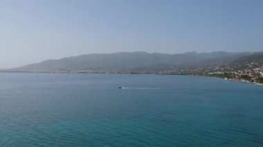Aerial view over Almyros beach with luxurious hotels and resorts in Kato verga kalamata, Greece