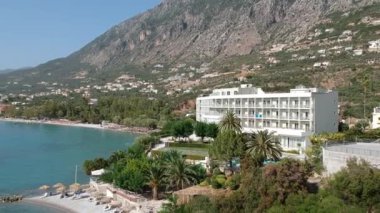 Aerial view over Almyros beach with luxurious hotels and resorts in Kato verga kalamata, Greece