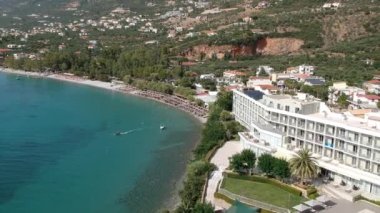 Aerial view over Almyros beach with luxurious hotels and resorts in Kato verga kalamata, Greece