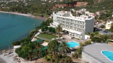 Aerial view over Almyros beach with luxurious hotels and resorts in Kato verga kalamata, Greece
