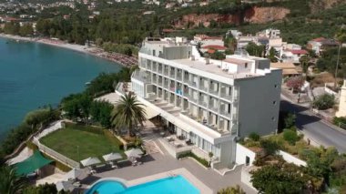 Aerial view over Almyros beach with luxurious hotels and resorts in Kato verga kalamata, Greece
