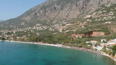 Aerial view over Almyros beach with luxurious hotels and resorts in Kato verga kalamata, Greece
