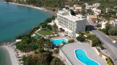 Aerial view over Almyros beach with luxurious hotels and resorts in Kato verga kalamata, Greece