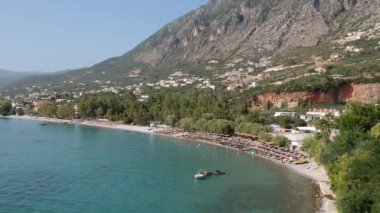 Aerial view over Almyros beach with luxurious hotels and resorts in Kato verga kalamata, Greece