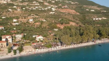 Aerial view over Almyros beach with luxurious hotels and resorts in Kato verga kalamata, Greece