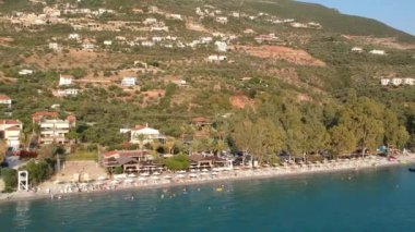 Aerial view over Almyros beach with luxurious hotels and resorts in Kato verga kalamata, Greece