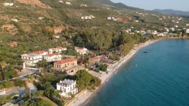 Aerial view over Almyros beach with luxurious hotels and resorts in Kato verga kalamata, Greece