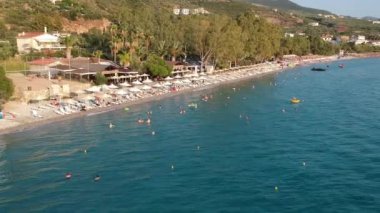 Aerial view over Almyros beach with luxurious hotels and resorts in Kato verga kalamata, Greece
