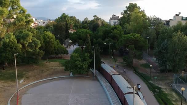 Kalamata Belediye Demiryolu Parkı Nın Havadan Görünüşü Yunanistan Türünün Tek — Stok video