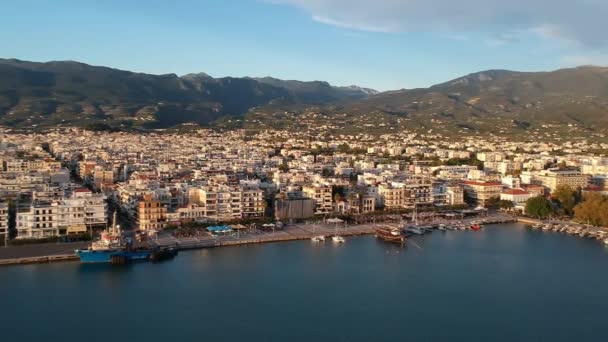 Aerial Seaside View Kalamata City Messinia Greece Sunset — Stock Video