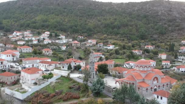 Aerial Panoramic View Picturesque Mountainous Village Kremasti Laconia Winter Located — Vídeos de Stock