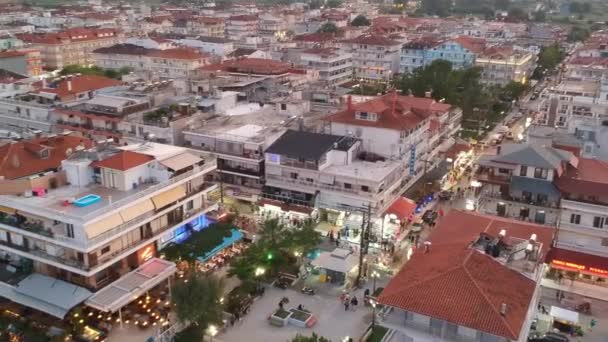 Légi Panoráma Kilátás Nyílik Tengerparti Város Paralia Katerini Görögország Naplementekor — Stock videók