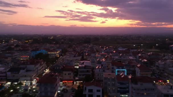 Widok Lotu Ptaka Nadmorskie Miasto Paralia Katerini Grecja Zachodzie Słońca — Wideo stockowe