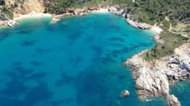 Aerial view over Megali Ammos or large sand beach in western Alonissos island, Greece, Europe