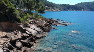 Aerial view over Megali Ammos or large sand beach in western Alonissos island, Greece, Europe