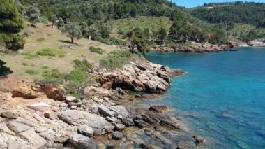 Aerial view over Megali Ammos or large sand beach in western Alonissos island, Greece, Europe