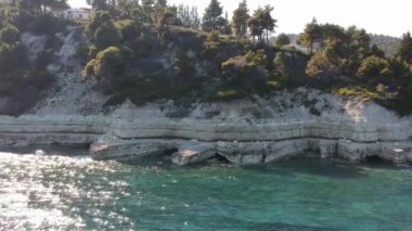 Panoramic aerial view over Milia beach in Alonnisos island, Greece, Europe.