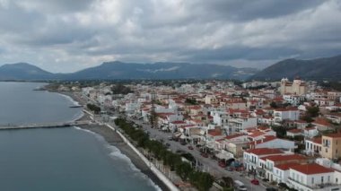 Aerial cityscape view of Neapolis town at sunset. Also named Vatika in Laconia, Greece. Neapoli is a famous coastal town built on the same site as the ancient Laconian city of Boeae