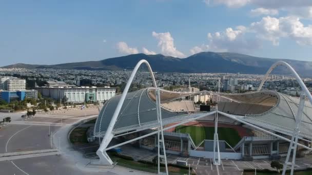 Vista Aérea Icónica Sobre Estadio Olímpico Oaka Atenas Grecia Diseñado — Vídeo de stock